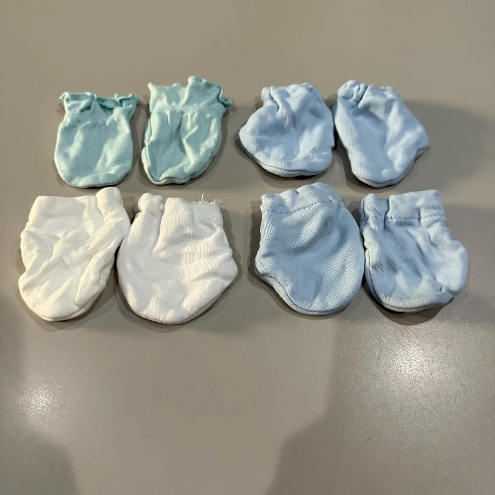 Set of 4 Baby Mittens in Blue and White.  Newborn